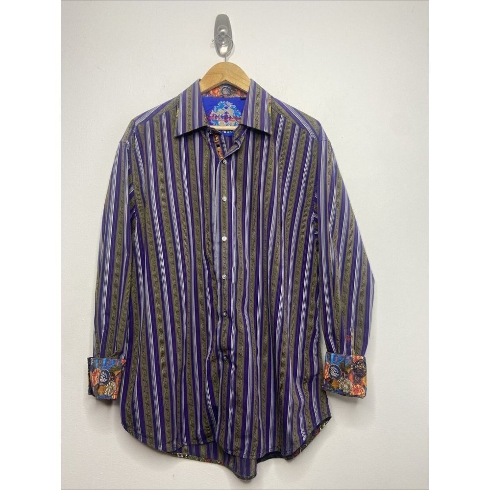 Robert Graham Men‎ XL Button Shirt Flip Cup Striped Green Purple